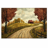 Winding Autumn Road with Red Barn and Fences – Rustic Folk Art Country Landscape Painting on Ready to Hang 1.5" Thick Canvas Wrap, Floating Framed Canvas, Flat Rolled Canvas